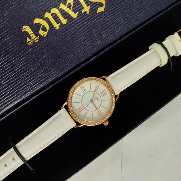 Stauer Swiss Made Watch Jeweled Case White Face Roman Numerals White Strap - Picture 8 of 8